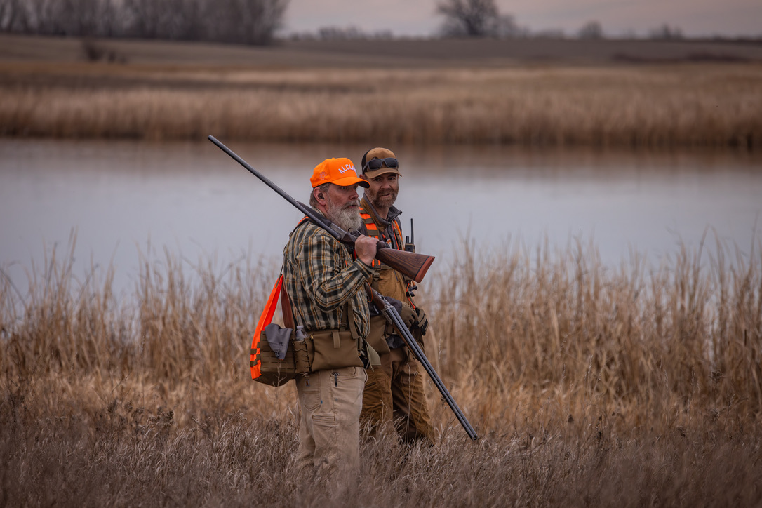 Hunter and pointer at daybreak on the South Dakota prairie