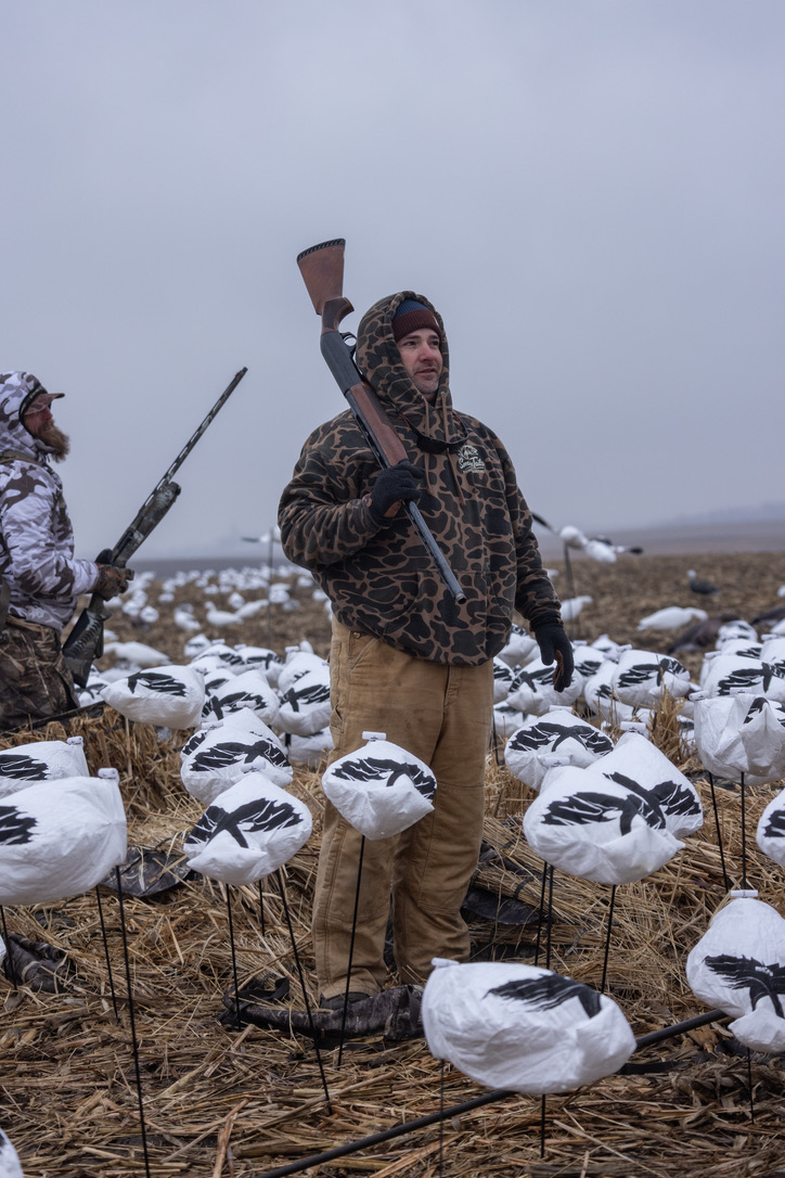 Hunter in old-school camo standing in a spring snow goose spread