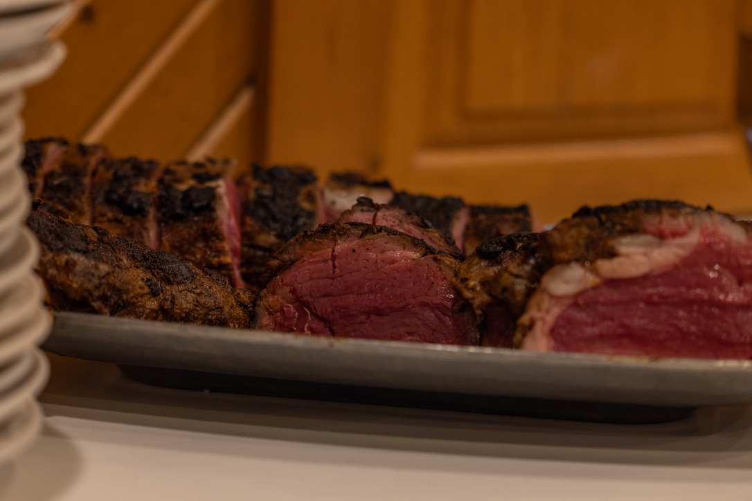 A tray of sliced prime rib fresh from the kitchen