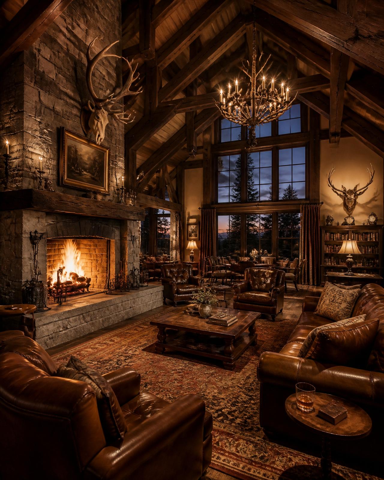 The great room — timber beams, leather, and firelight